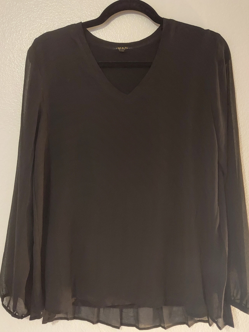 IMAN Women's Black V-Neck Sheer Blouse With Layered Lining Size S